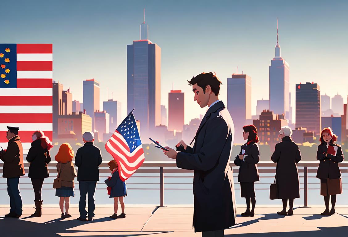 Young adult holding a pen, wearing patriotic colors, standing in line with diverse group of people, city skyline in the background..