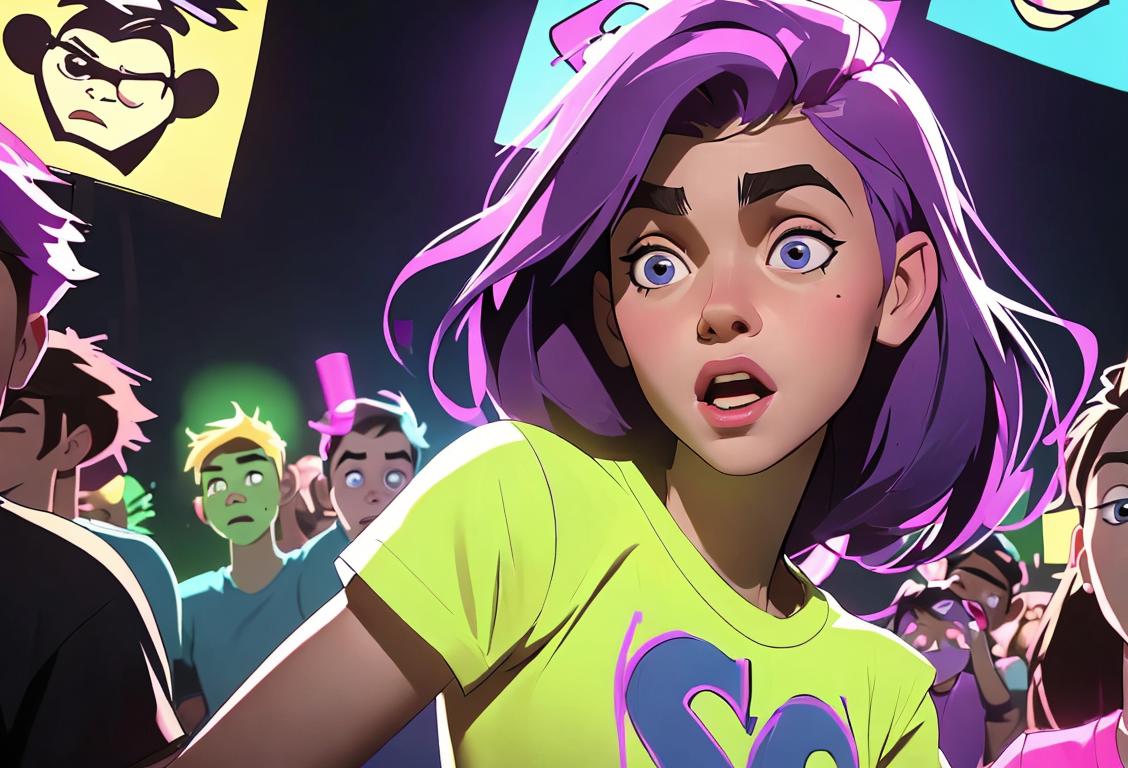 Young woman wearing a Justin Bieber t-shirt, dancing happily surrounded by glow sticks and posters of the pop star..