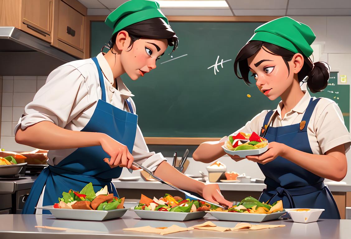 A diverse group of school lunch heroes, wearing aprons and chef hats, serving healthy and delicious meals in a vibrant school cafeteria..