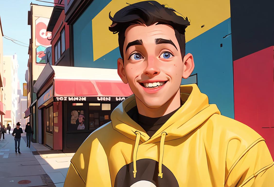 Young person with a contagious smile, wearing trendy clothes, urban city scene, surrounded by Corey Scherer memorabilia..