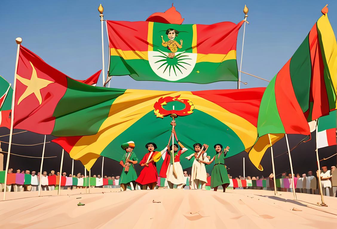 A group of happy people hoisting the national flag in Sindh, wearing traditional clothing, against a backdrop of festive decorations and vibrant colors..