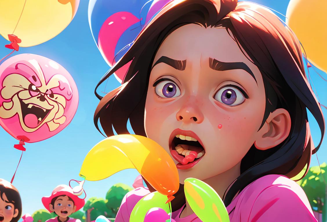 Excited children making sour faces while eating sour candies on a sunny playground, with colorful balloons in the background..