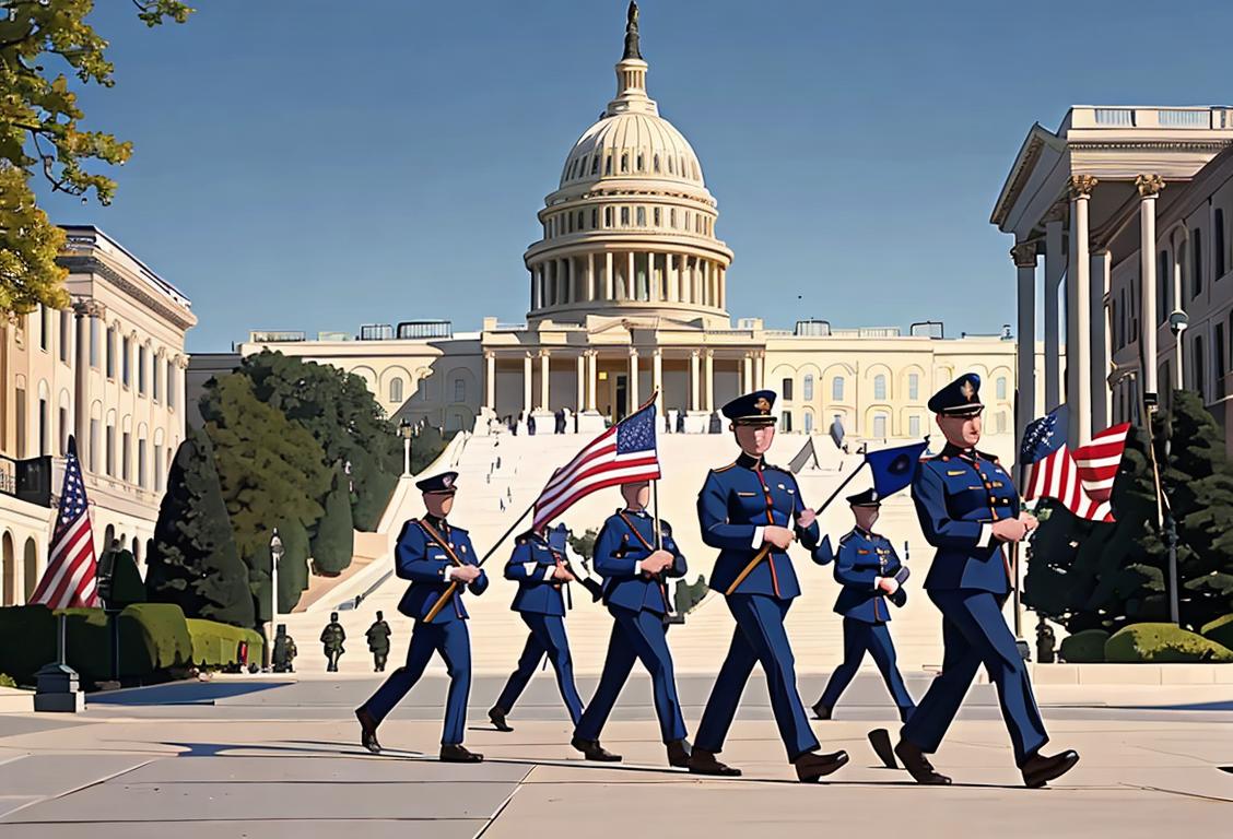 Group of National Guard members walking near the US Capitol, wearing their uniforms, flags waving in the background..