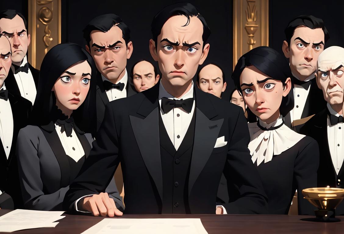 A diverse group of individuals with sad expressions, dressed in formal attire, in a newsroom setting..