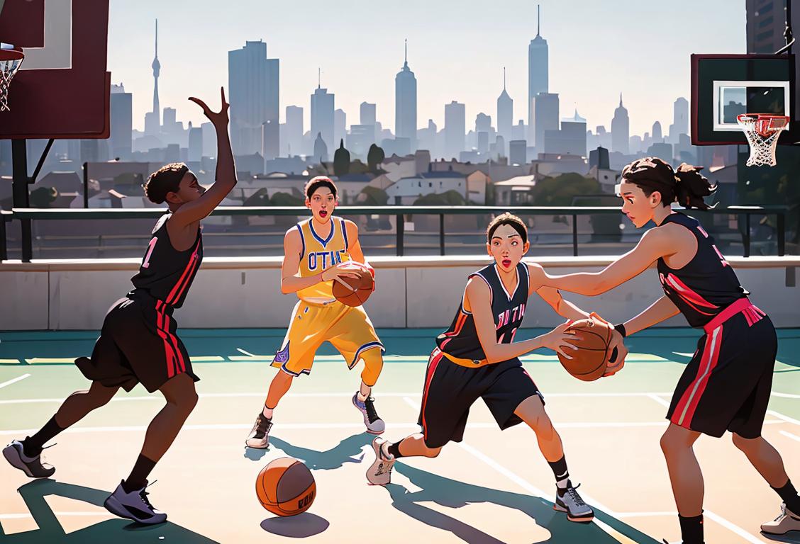 A group of people, dressed in athletic gear, holding cameras and basketballs, surrounded by a vibrant cityscape..