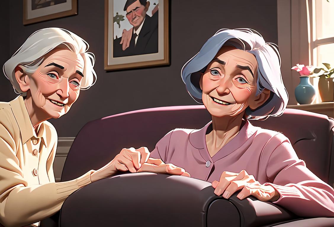 Elderly woman with a smile, surrounded by caring family members, in a cozy living room setting..