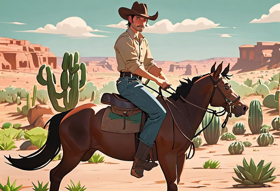 Young cowboy riding a horse, wearing a Stetson hat and leather boots, in a rustic western landscape with rolling hills and cacti..