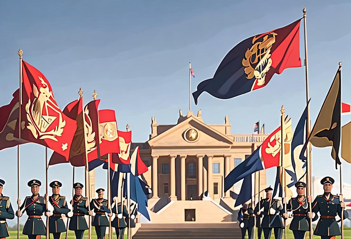 Group of brave cadets in military uniforms, standing tall with flags waving, against a backdrop of the majestic academy campus..