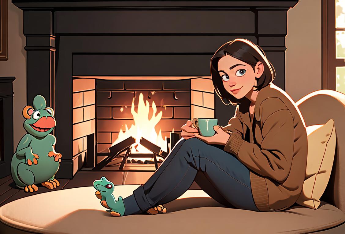 A cozy image of someone wearing Crocs, sitting by a fireplace, surrounded by books and a cup of hot cocoa nearby..