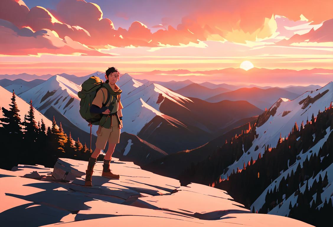 A brave individual standing atop a mountain peak, wearing hiking gear, overlooking a breathtaking sunset..