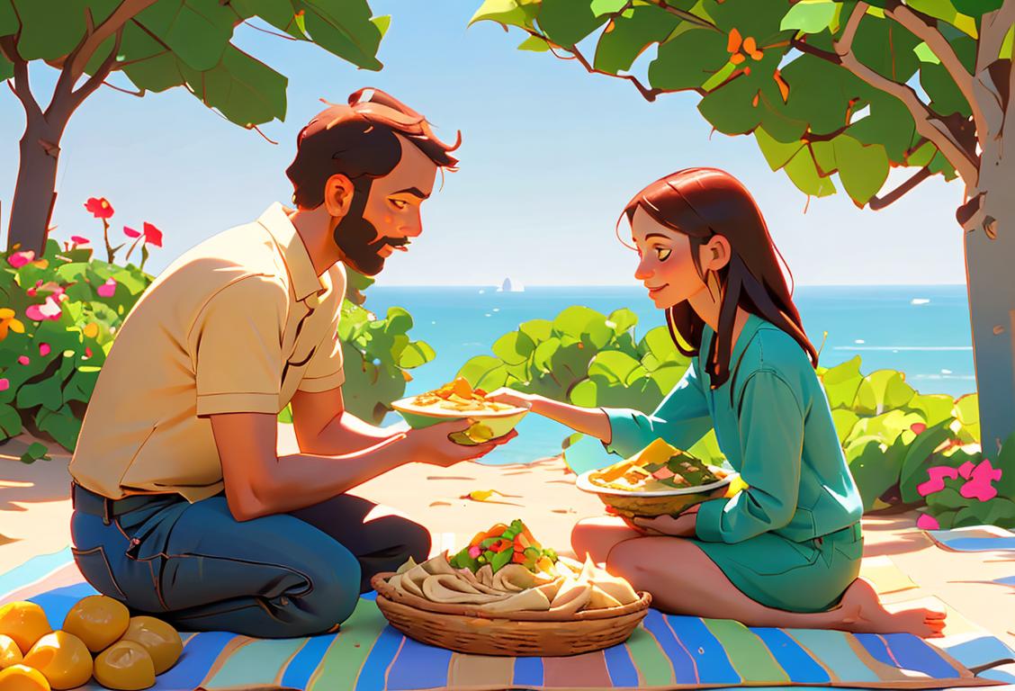 Two people enjoying hummus together at a picnic, surrounded by vibrant flowers and greenery, wearing casual summer outfits with a Mediterranean coastal backdrop..