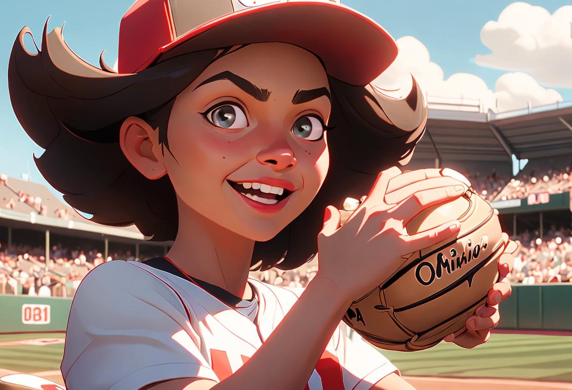 Happy Ohioan holding a buckeye, donning a baseball cap, in a sunny baseball field surrounded by cheering fans..