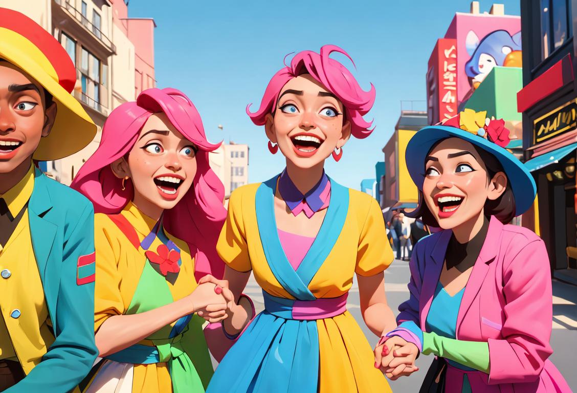 A diverse group of people, wearing an array of unique outfits, laughing and holding hands in a vibrant city setting..