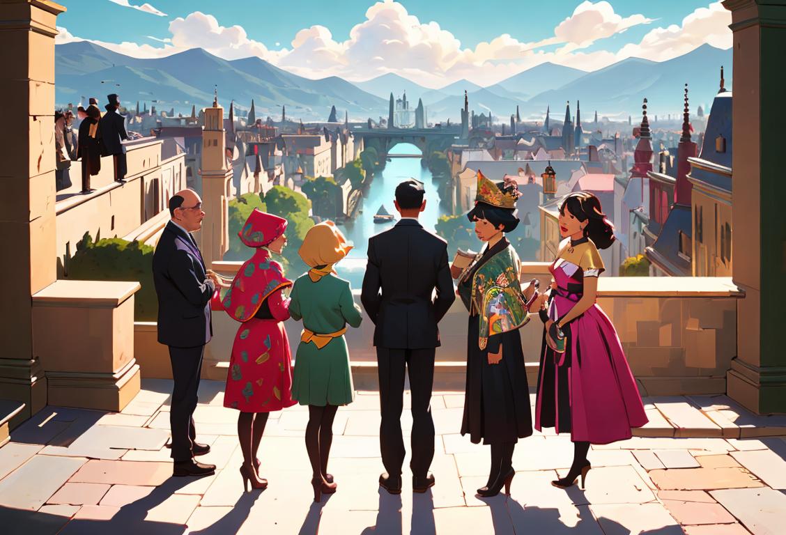 A diverse group of people, all wearing different outfits representing various titles, standing in a vibrant cityscape..