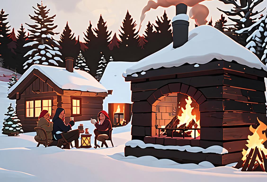 A group of friends gathered around a fireplace, holding mugs of steaming mulled wine, cozy sweaters, rustic winter cabin setting..