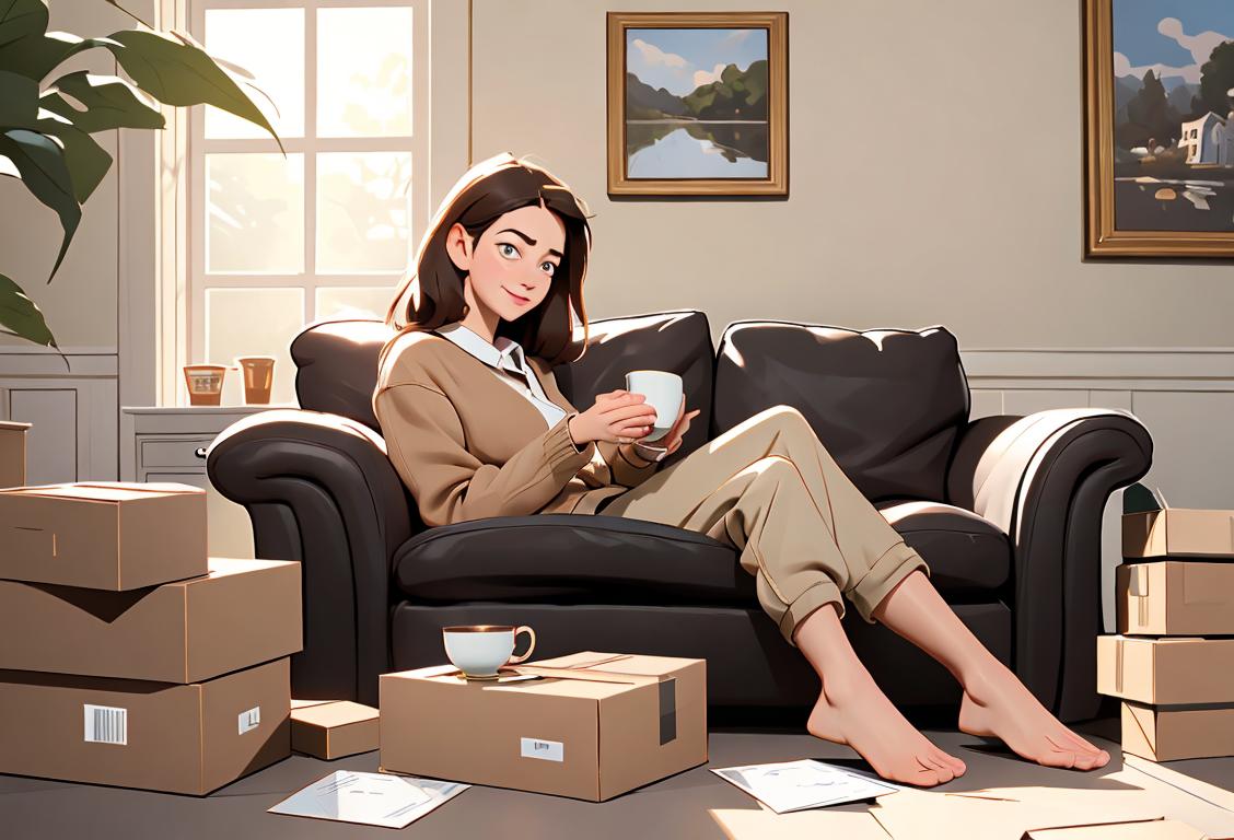 A person sitting on a cozy couch, holding a cup of tea in one hand and a mail order catalog in the other, surrounded by packages filled with excitement and anticipation..