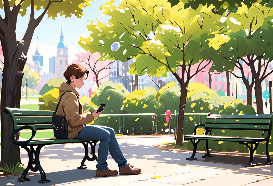 A person sitting on a park bench, holding a smartphone, surrounded by unanswered text message bubbles. Dressed in casual attire, enjoying a sunny outdoor setting..