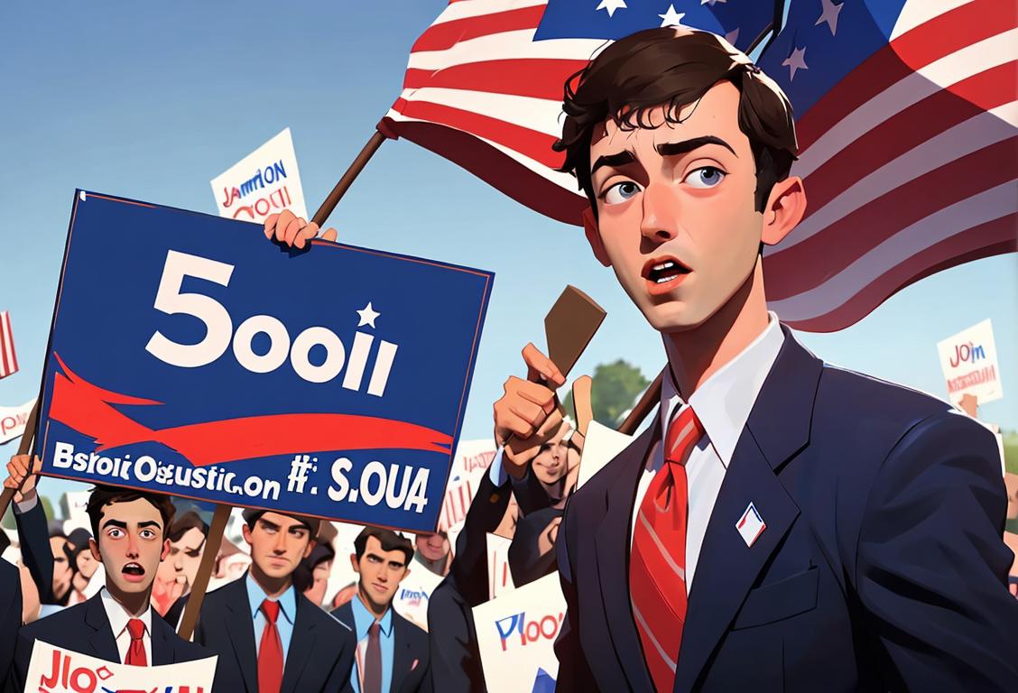Young man wearing a business suit, holding a political campaign sign, amidst a crowd of cheering supporters and waving American flags..