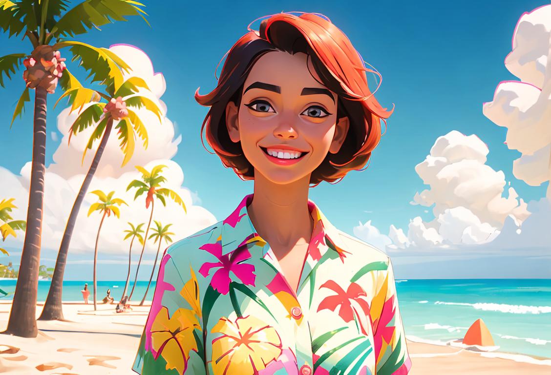 Young woman with a big smile, wearing a colorful Hawaiian shirt, beach setting with palm trees..