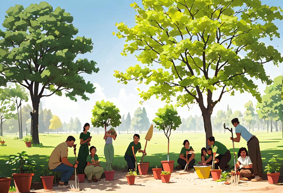 A group of diverse individuals with shovels and saplings in hand, planting trees in various scenic environments, wearing casual and comfortable outdoor attire..