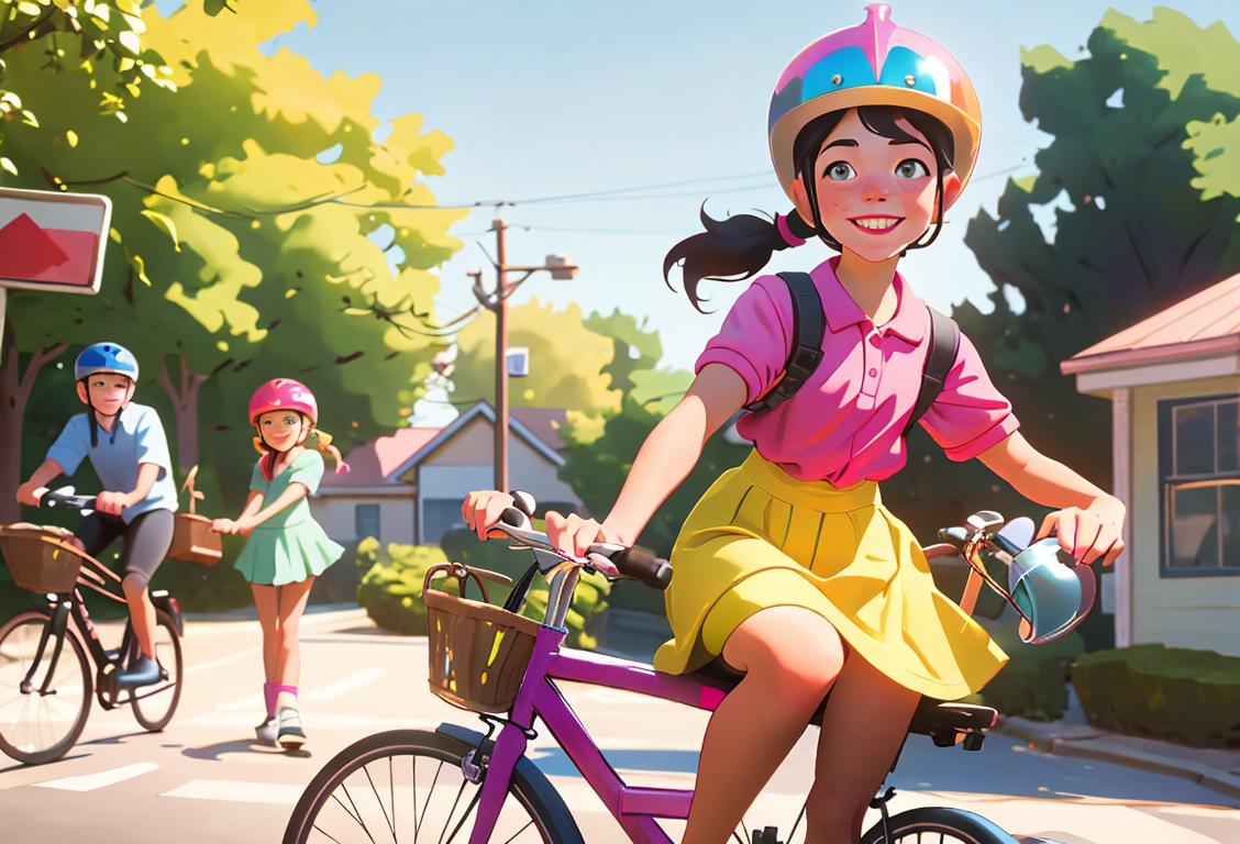 Young girl riding a bicycle, with pigtails and a big smile, wearing a colorful helmet, suburban neighborhood scene with friends..
