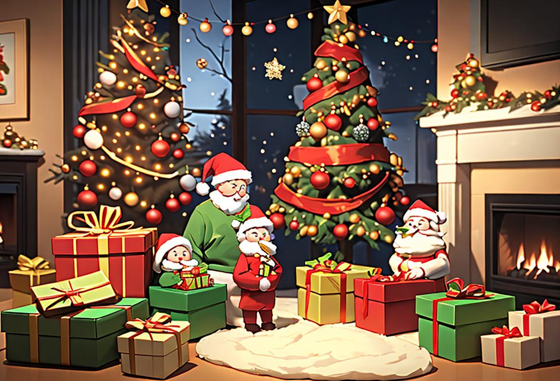 Festive family gathered around a warmly decorated Christmas tree, wearing cozy sweaters, surrounded by presents and holiday decorations..