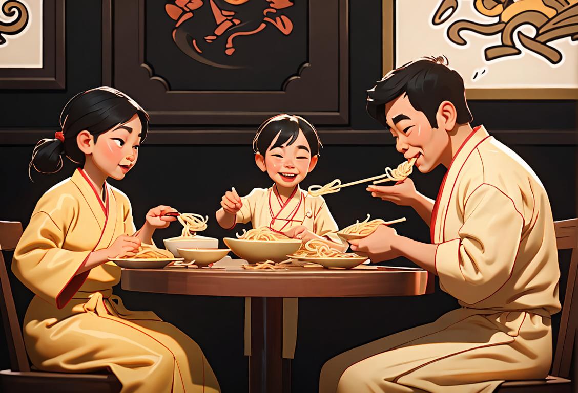 A happy family seated around a table, slurping their favorite noodles, wearing traditional clothing, in a bustling Asian-inspired restaurant..