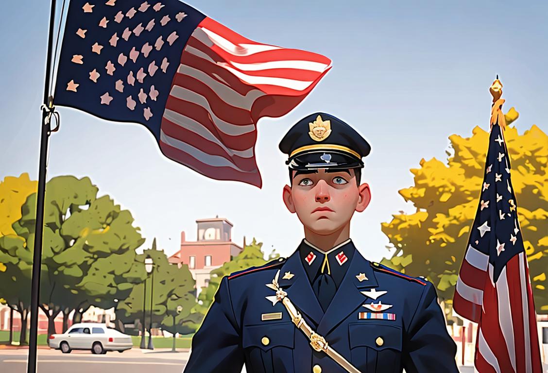 Young man in National Guard uniform, standing proudly, surrounded by American flags, with a sunny park scene in the background..