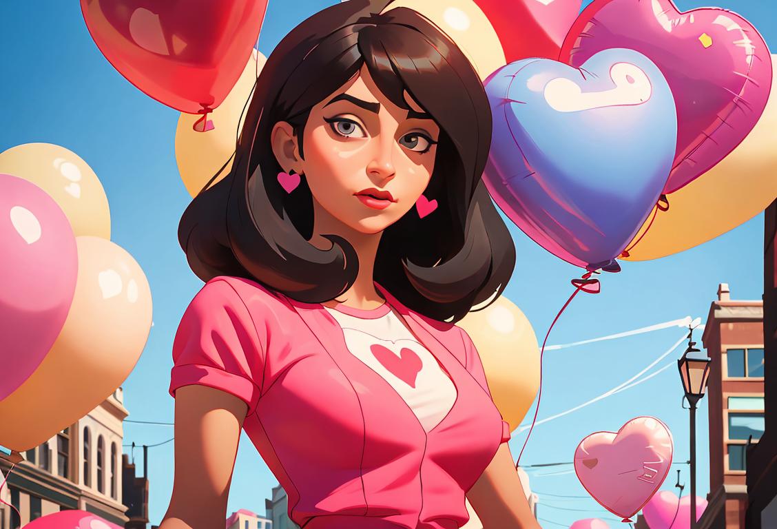 Young woman named Tina, surrounded by heart-shaped balloons, wearing a trendy outfit, city street background, celebrating National Tina Appreciation Day..