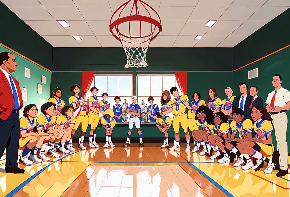 A group of diverse interscholastic athletic administrators in colorful team jerseys, with trophies and sports equipment, in a school gymnasium.