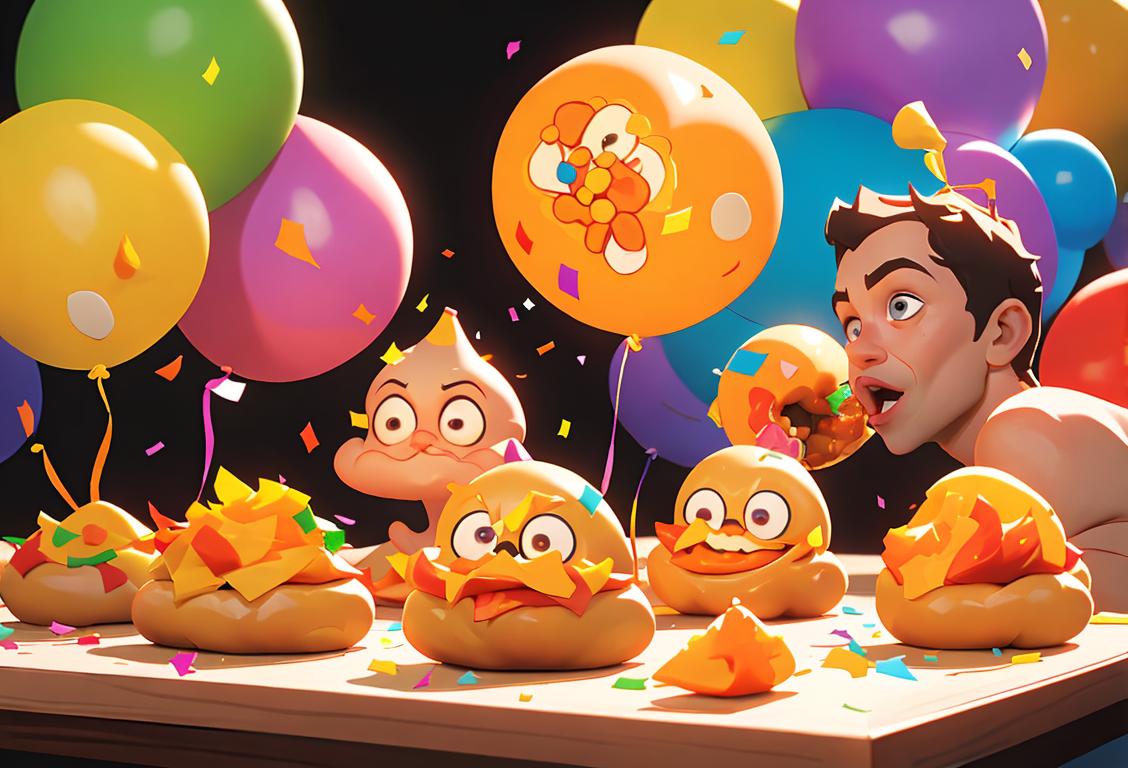 A group of people gathered around a table filled with colorful cheeseballs, wearing party hats, celebrating National Cheeseball Day with confetti in the background..