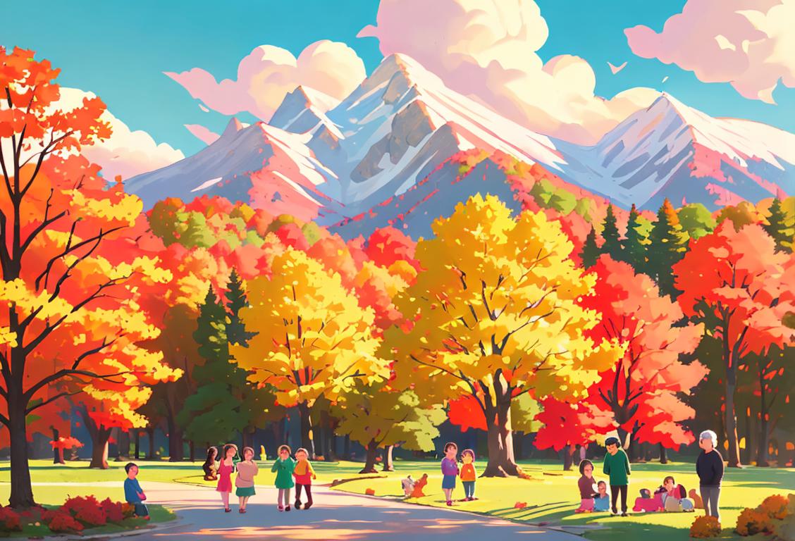 A happy family in a national park during a beautiful October day, enjoying colorful foliage and wearing cozy sweaters, surrounded by majestic mountains..