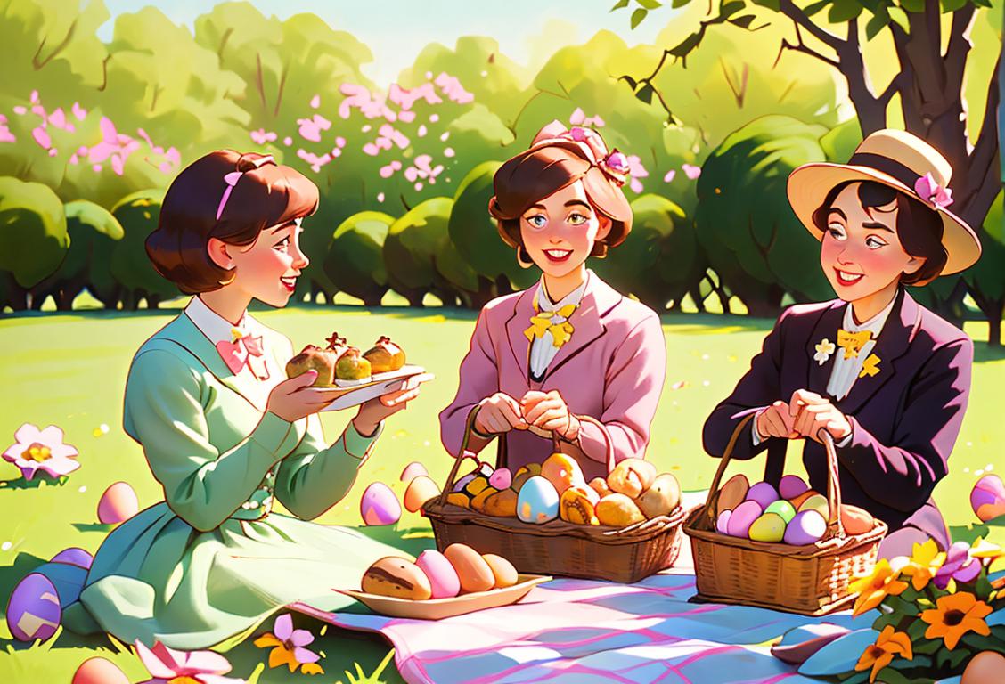 A group of people happily enjoying hot cross buns at a picnic, dressed in vintage-inspired Easter outfits, surrounded by blooming flowers..
