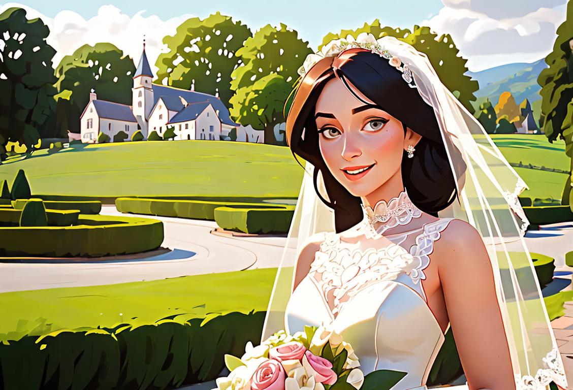 A happy bride wearing a vintage lace wedding dress, surrounded by her entourage, with a scenic outdoor wedding venue in the background..