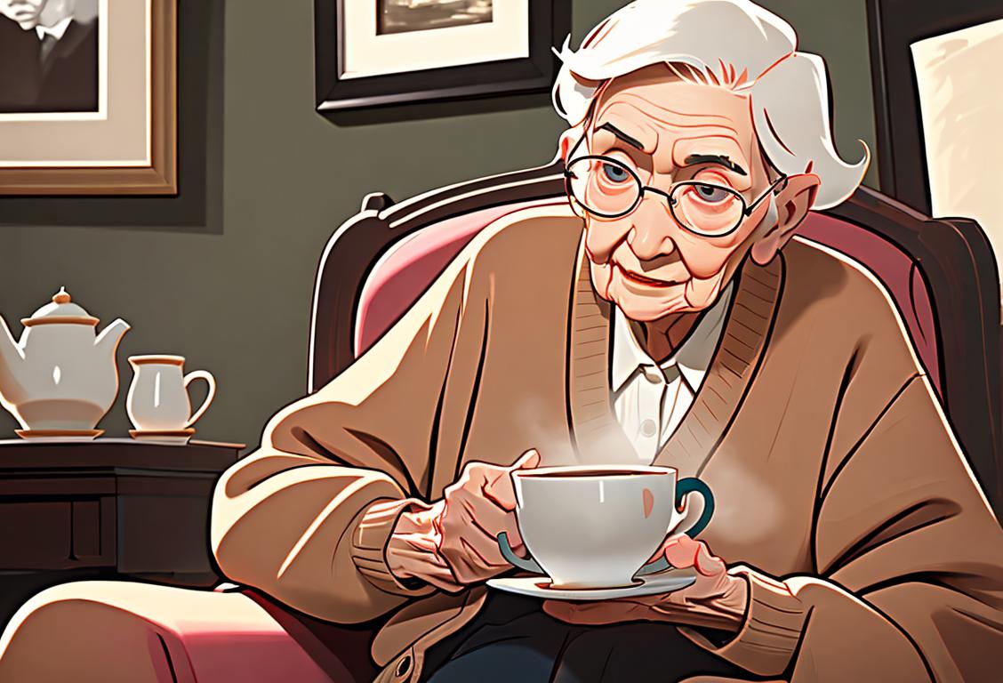 An elderly person sitting in a cozy living room, surrounded by photos and memoirs, wearing a warm cardigan and holding a cup of tea..