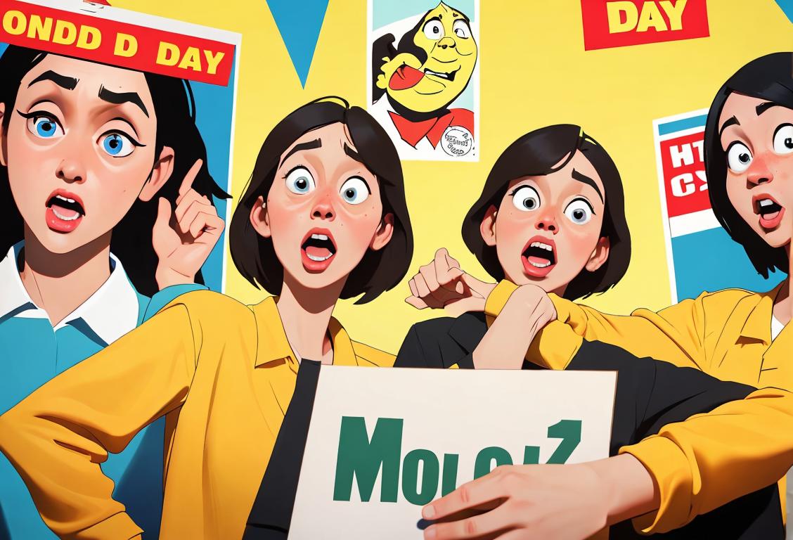 A group of coworkers in a workplace, wearing mismatched outfits, surrounded by funny signs and posters, showing excitement and anticipation for National Get Fired Day..