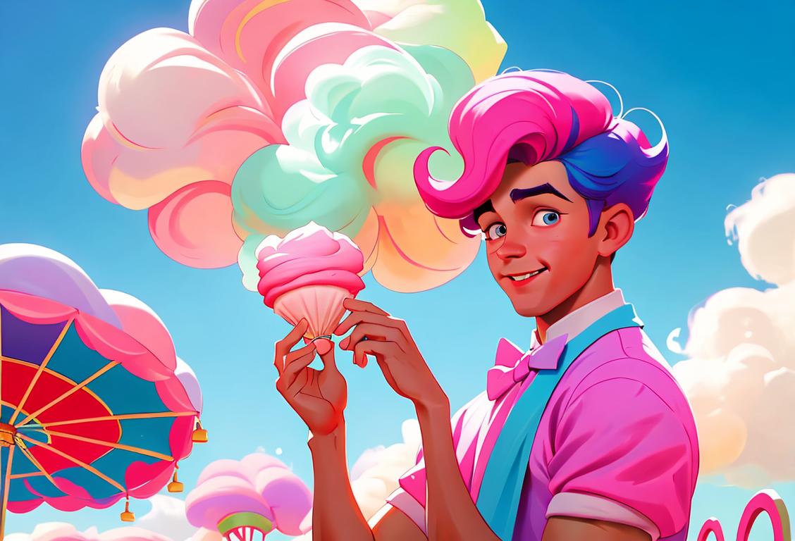 Young boy in a colorful carnival setting joyfully holding a cotton candy swirl, wearing a vintage-inspired outfit, reminiscent of the 1950s..