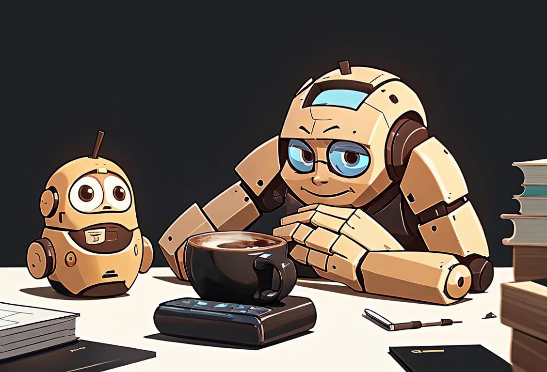 A programmer with a friendly bot resting on their keyboard, surrounded by coding books and a coffee mug..