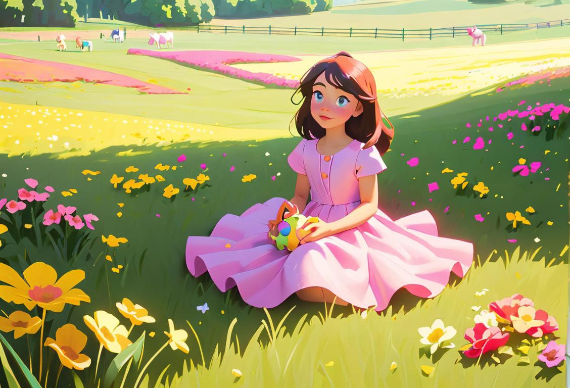 A young girl with flowery dress, sitting in a grassy meadow, surrounded by colorful toy ponies..