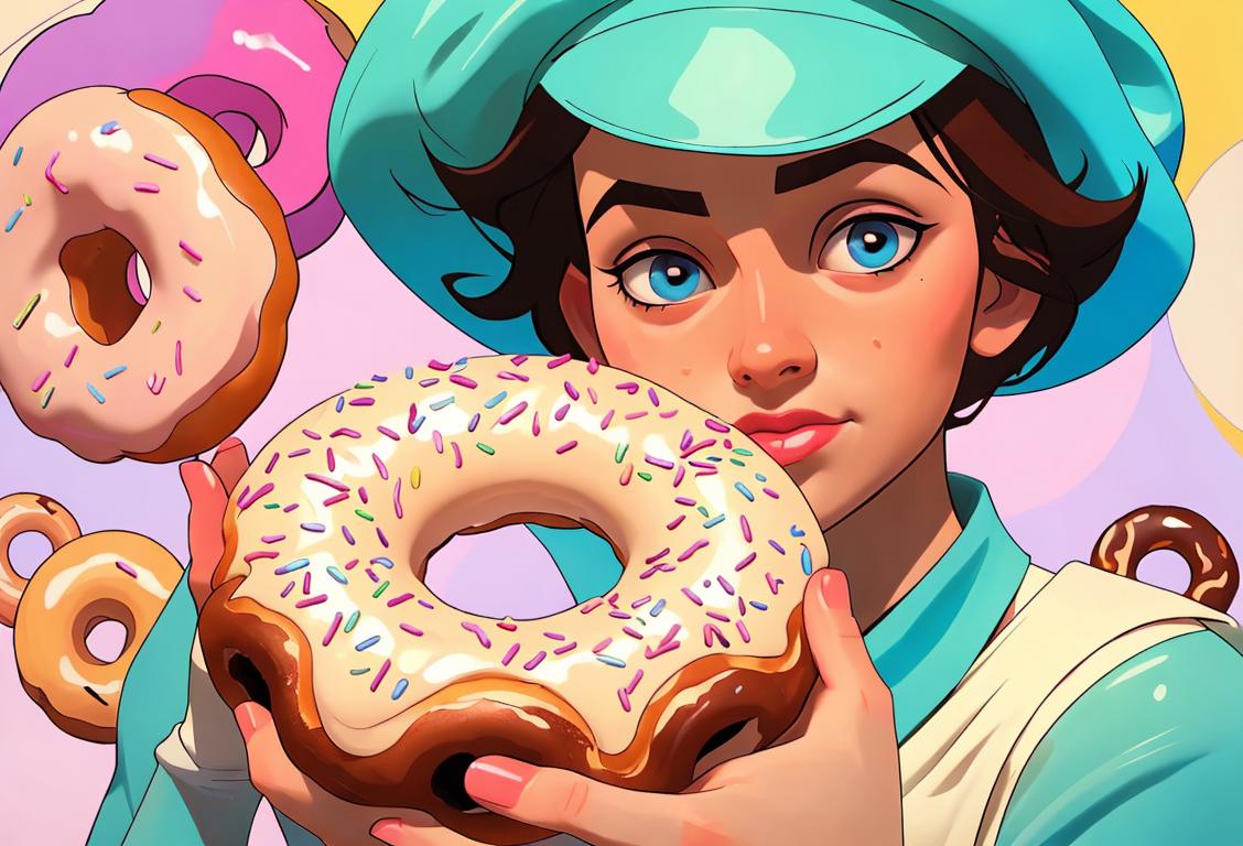 Person holding a glazed doughnut with icing dripping, wearing a chef's hat, colorful bakery background..