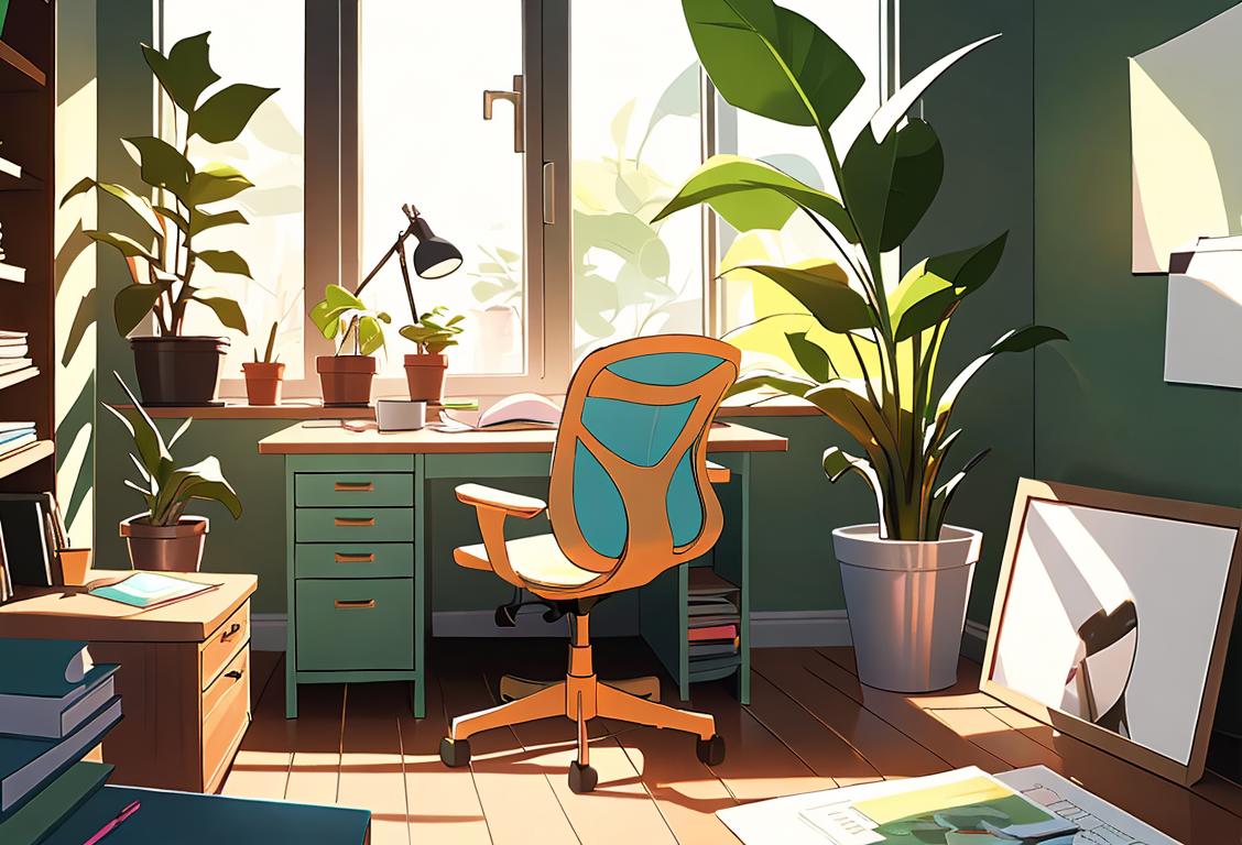 A neatly organized desk with colorful stationery, a potted plant, and a motivational poster, featuring a person in casual attire, in a bright and airy office space..