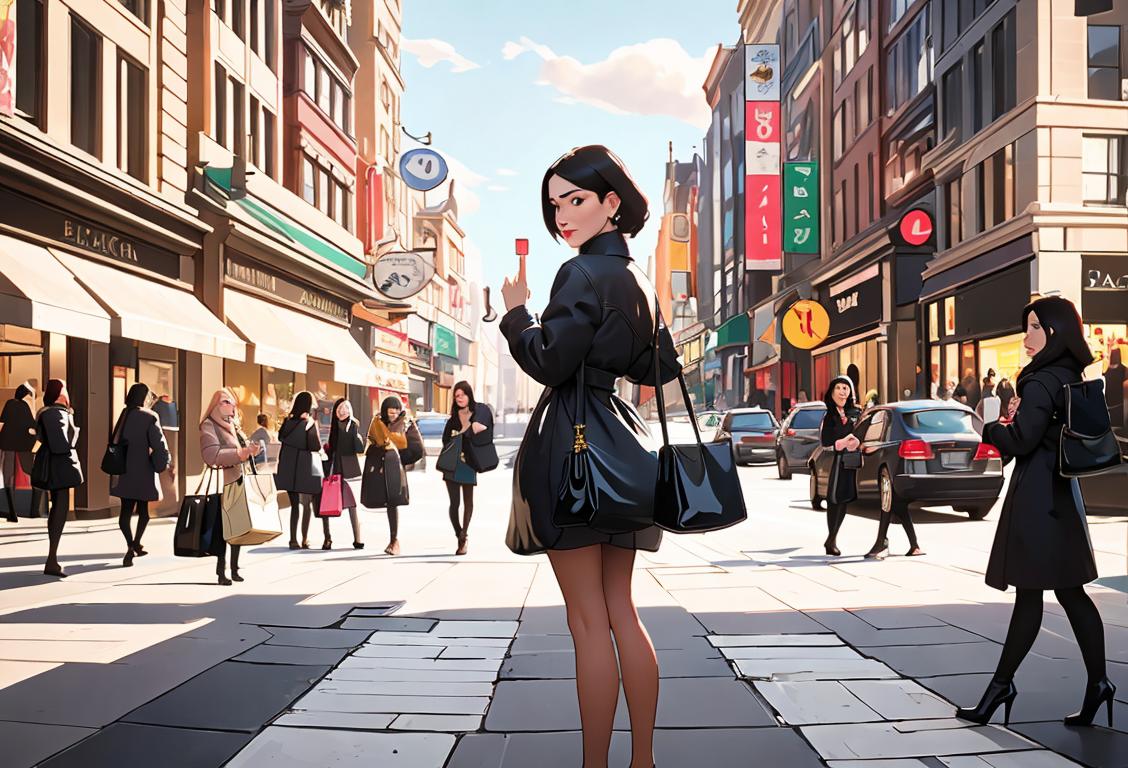 A person surrounded by shopping bags, wearing stylish clothes, in a bustling city scene..