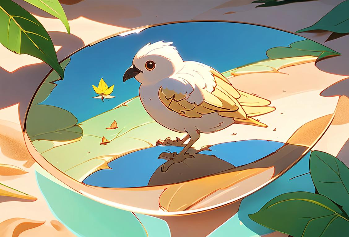 Colorful leaf with sand on it, bird admiring its reflection in a small handheld mirror..