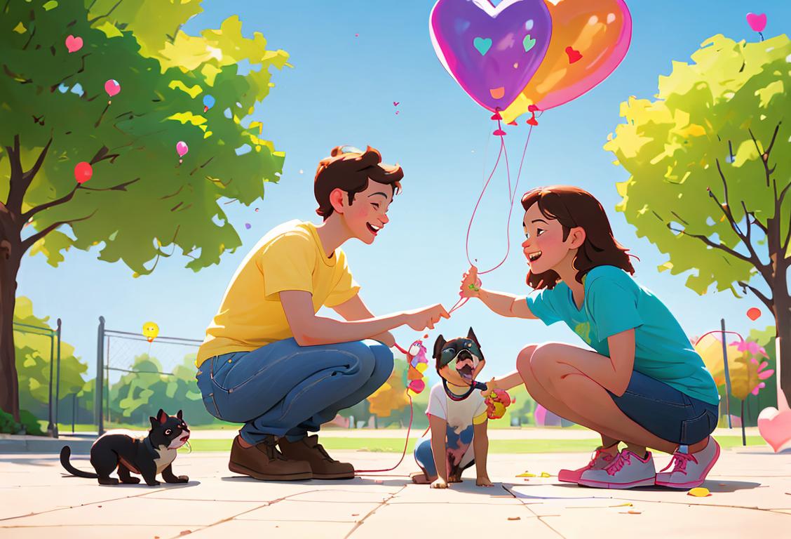 Happy family with adopted pet, wearing matching t-shirts, playing in a park with colorful balloons..