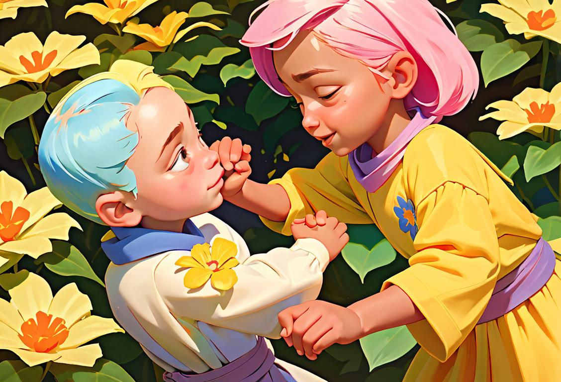 Happy children of different ethnicities, holding hands, in a peaceful garden surrounded by flowers, wearing bright and colorful clothes, diverse cultural representation..