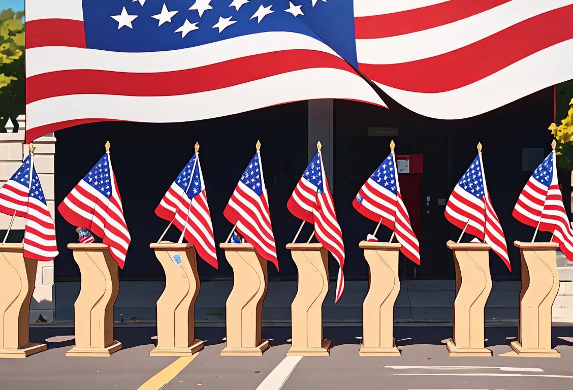 A diverse group of individuals, wearing patriotic colors and holding signs, standing in front of a polling station with American flags..