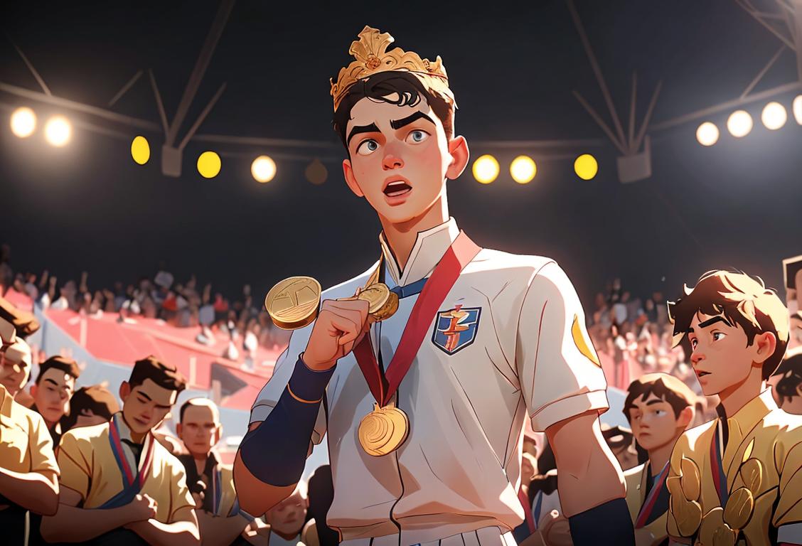 Young man standing on podium, medal around neck, surrounded by cheering crowd, wearing sports attire, sports arena setting..