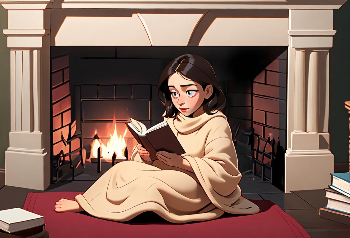 Cozy up with a good book! A person reading a book, wrapped in a blanket, sitting by a roaring fireplace..