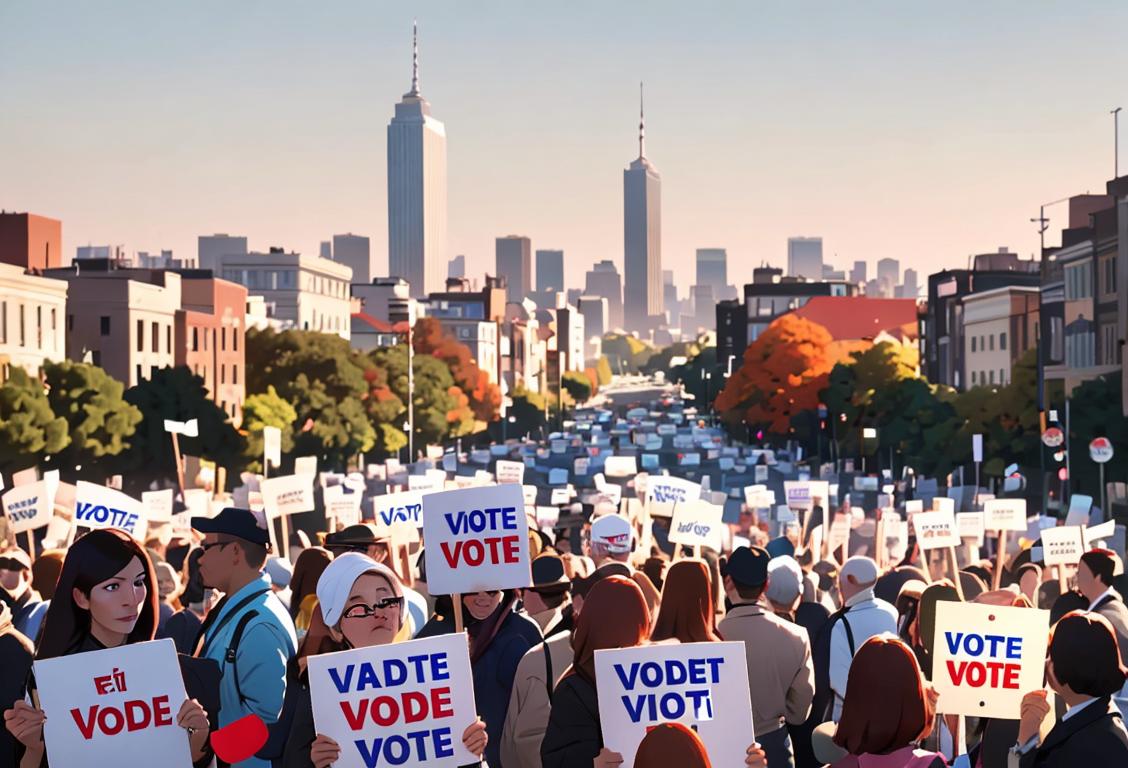 A diverse group of people, dressed in casual attire, holding signs that say 'Vote' and 'Early Vote Day', gathered in front of a bustling cityscape backdrop..