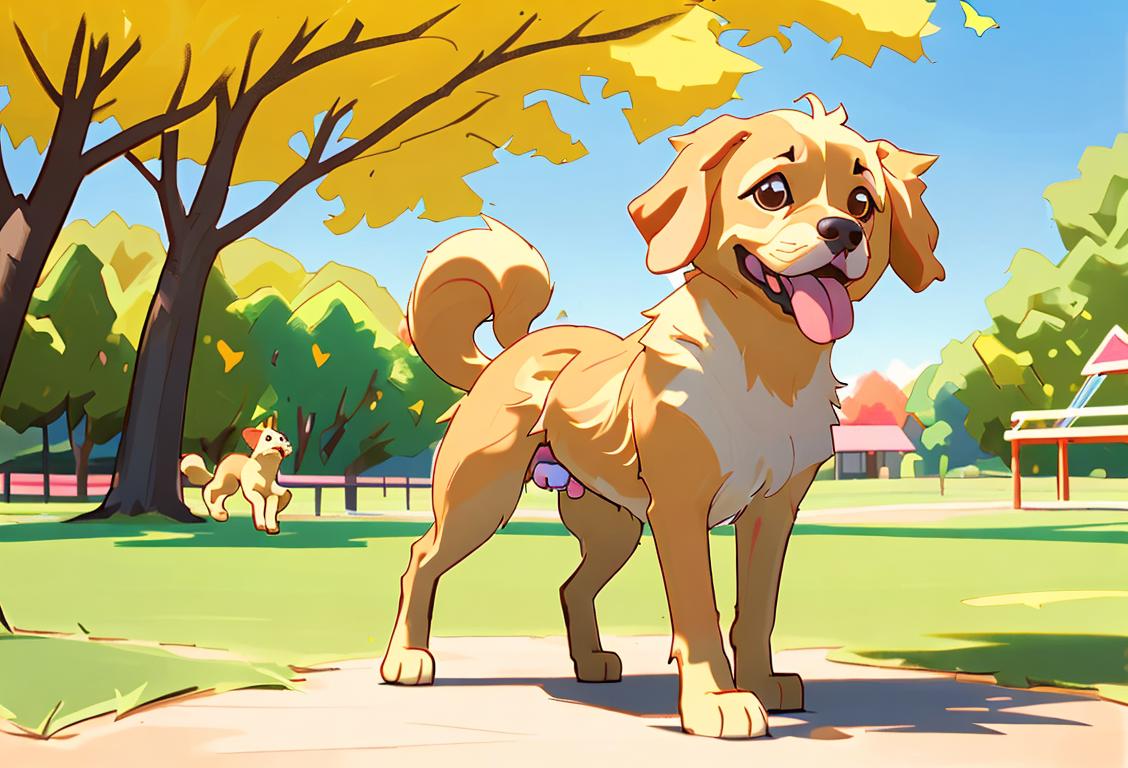 Joyful child playing fetch with a fluffy golden retriever in a sunny park, wearing a colorful t-shirt, casual summer fashion, surrounded by vibrant nature..